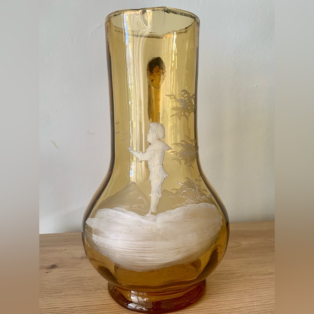 Antique Hand Blown Hand Painted In The Style Of Mary Gregory Amber Glass Pitcher